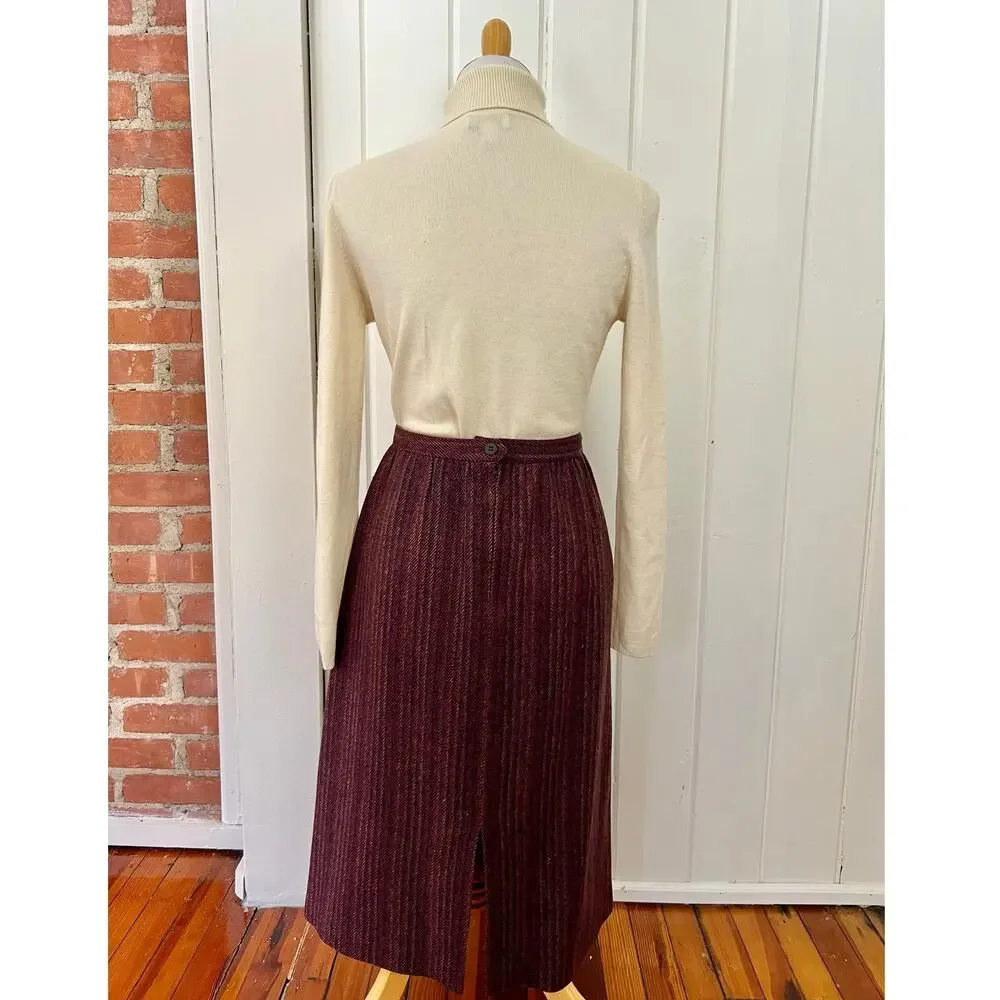 Vintage 90s Abbey Park Wool Midi Skirt Burgundy High Waist Made in USA 10